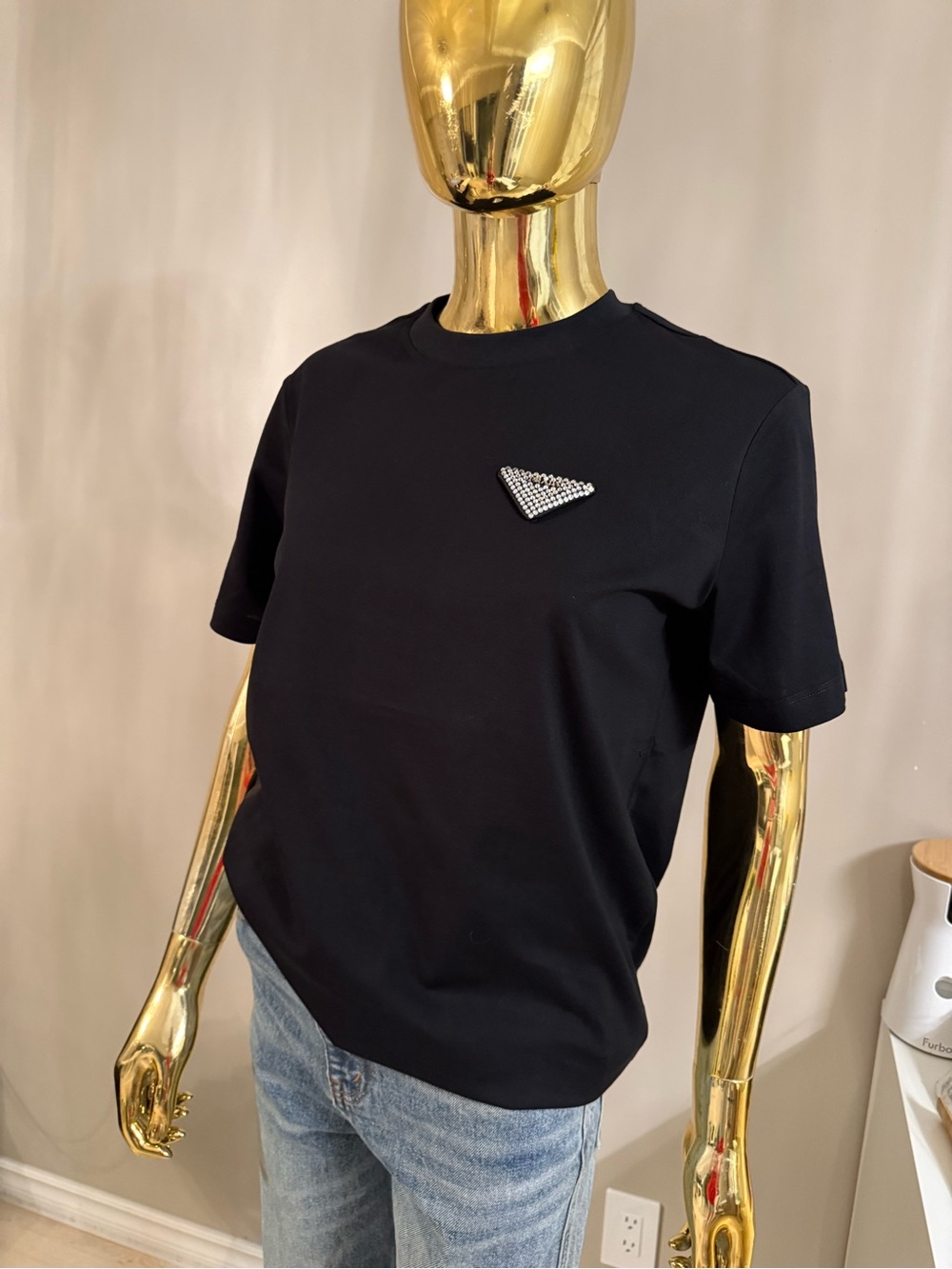 Prada Black Short Sleeve Tee with Crystal Logo